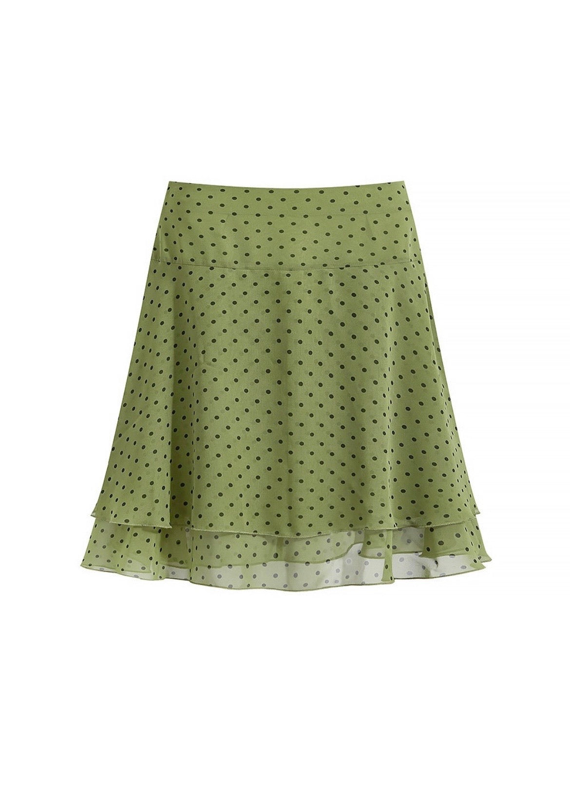 Sage Green Polka Dot Sheer Ruffle Flare Midi Skirt