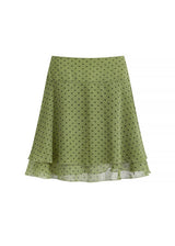 Sage Green Polka Dot Sheer Ruffle Flare Midi Skirt