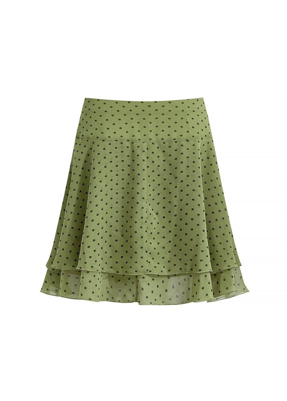 Sage Green Polka Dot Sheer Ruffle Flare Midi Skirt