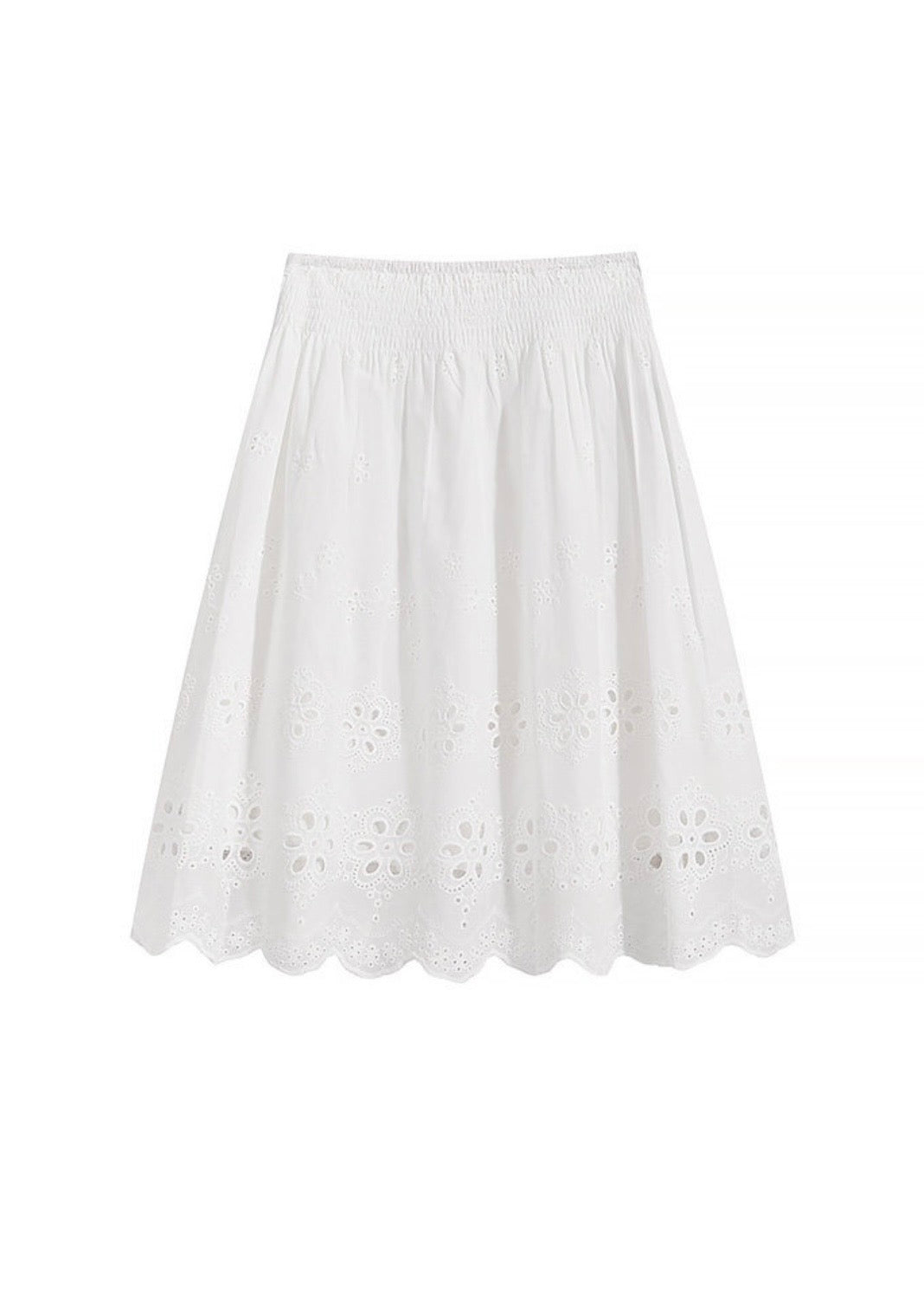 White Eyelet Embroidered Cotton Midi Skirt