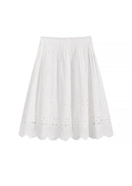 White Eyelet Embroidered Cotton Midi Skirt