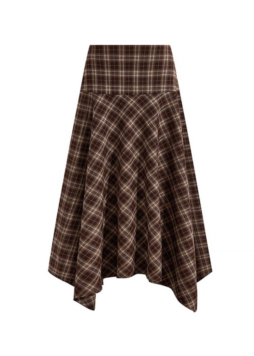 Autumn Waltz Asymmetric Brown Plaid Midi Skirt