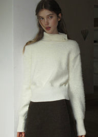 Cream Apricot Diagonal Button Collar Knit Sweater