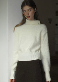 Cream Apricot Diagonal Button Collar Knit Sweater