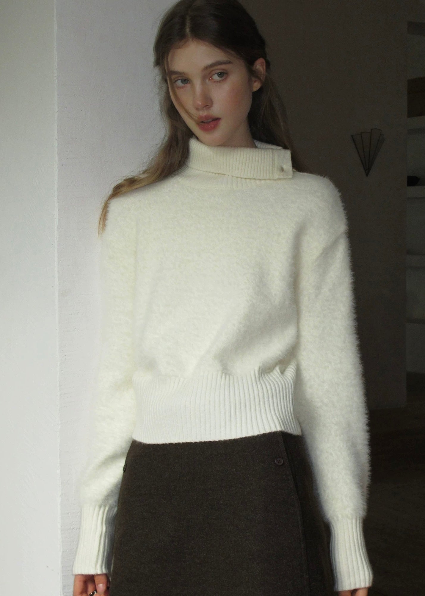 Cream Apricot Diagonal Button Collar Knit Sweater
