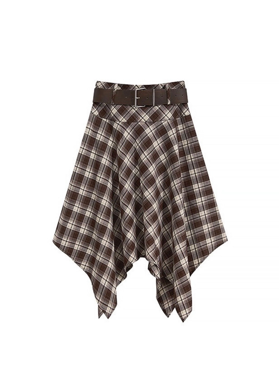 Belted Plaid Handkerchief Midi Skirt
