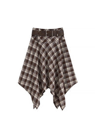 Belted Plaid Handkerchief Midi Skirt