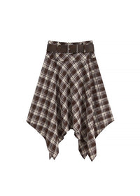 Belted Plaid Handkerchief Midi Skirt