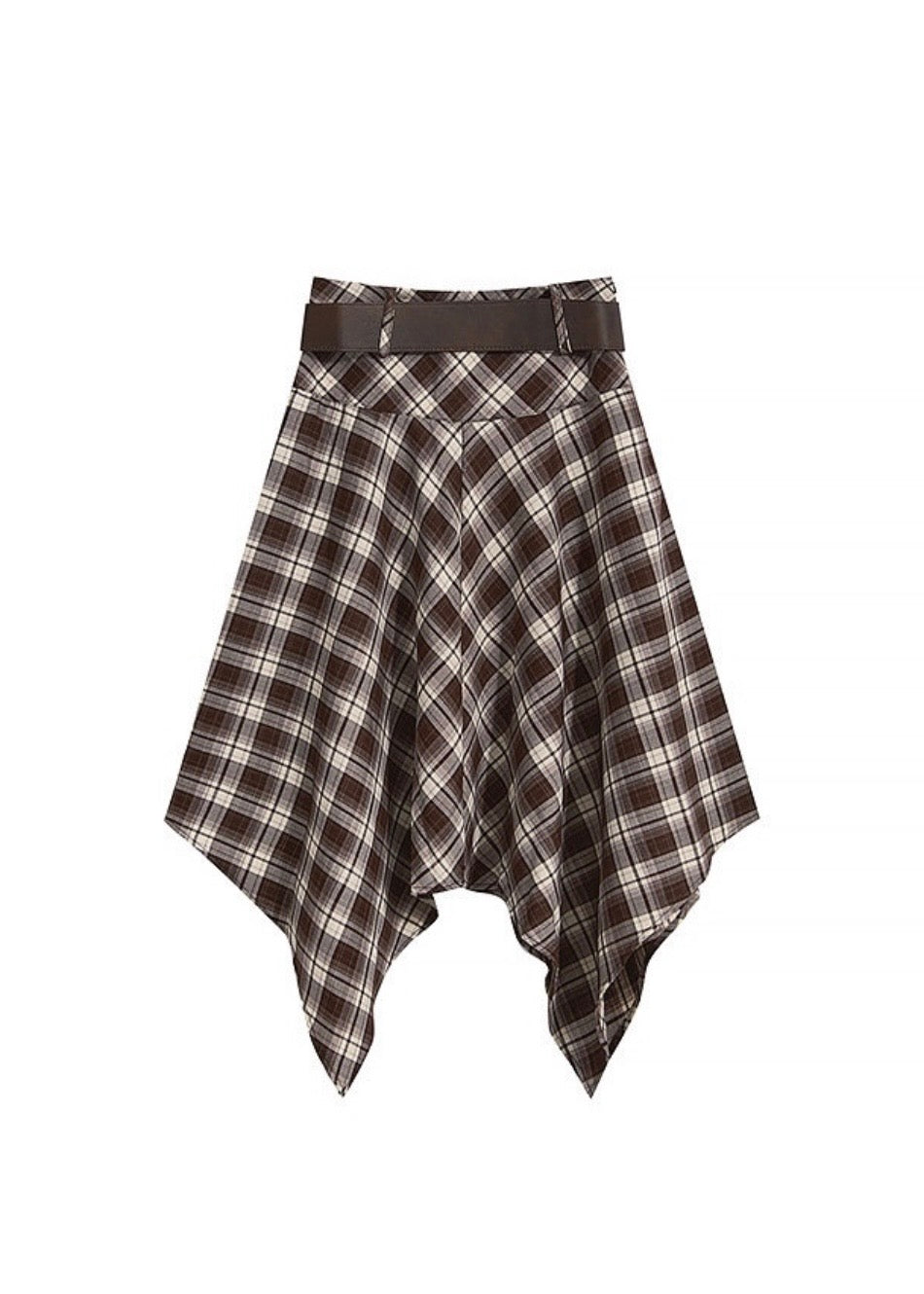 Belted Plaid Handkerchief Midi Skirt