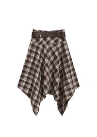 Belted Plaid Handkerchief Midi Skirt