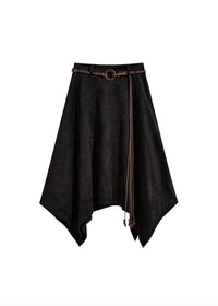 Belted Faux Suede Handkerchief Midi Skirt(2COLOR)