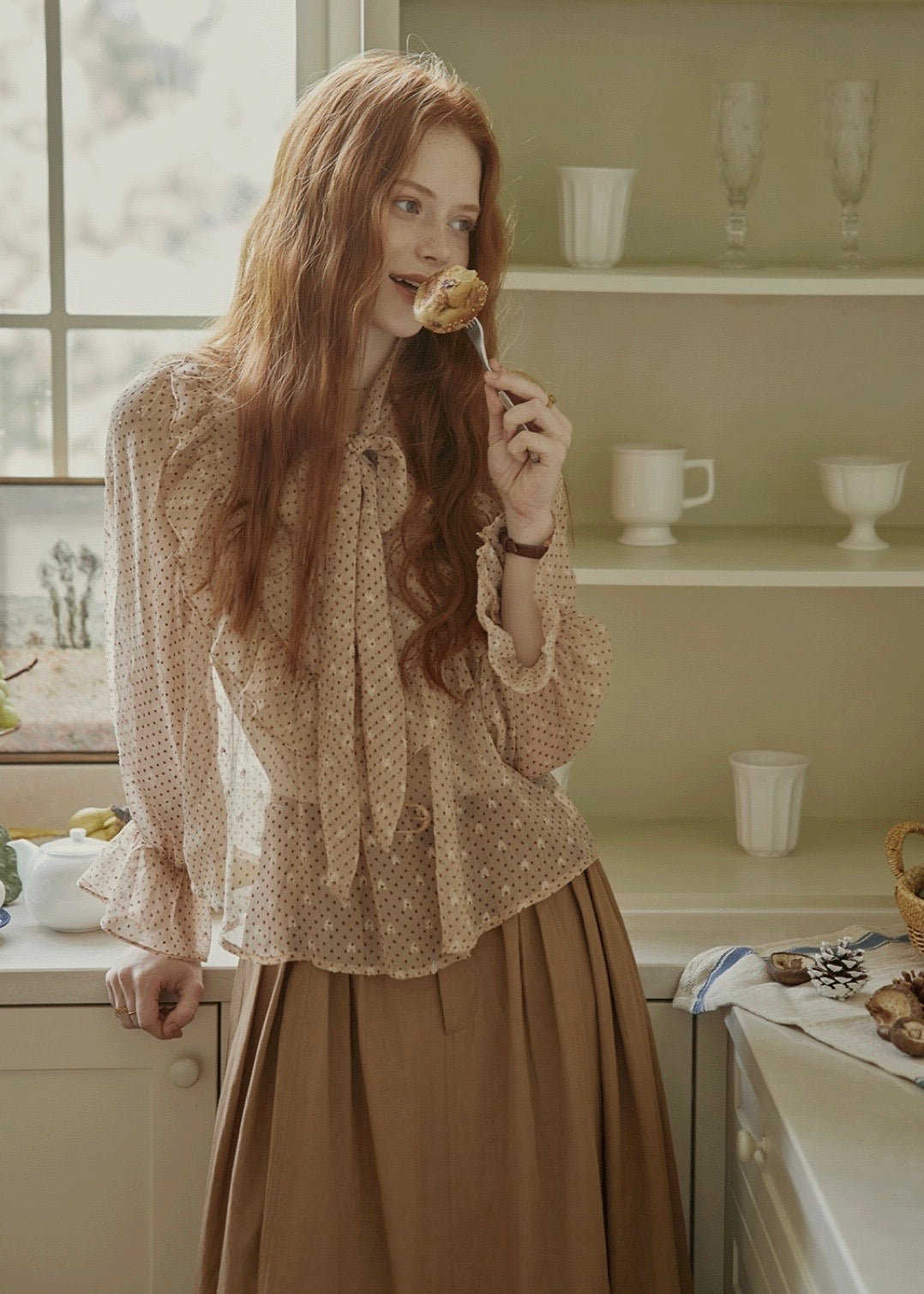 Vintage Polka Dot Ribbon Tie Chiffon Blouse
