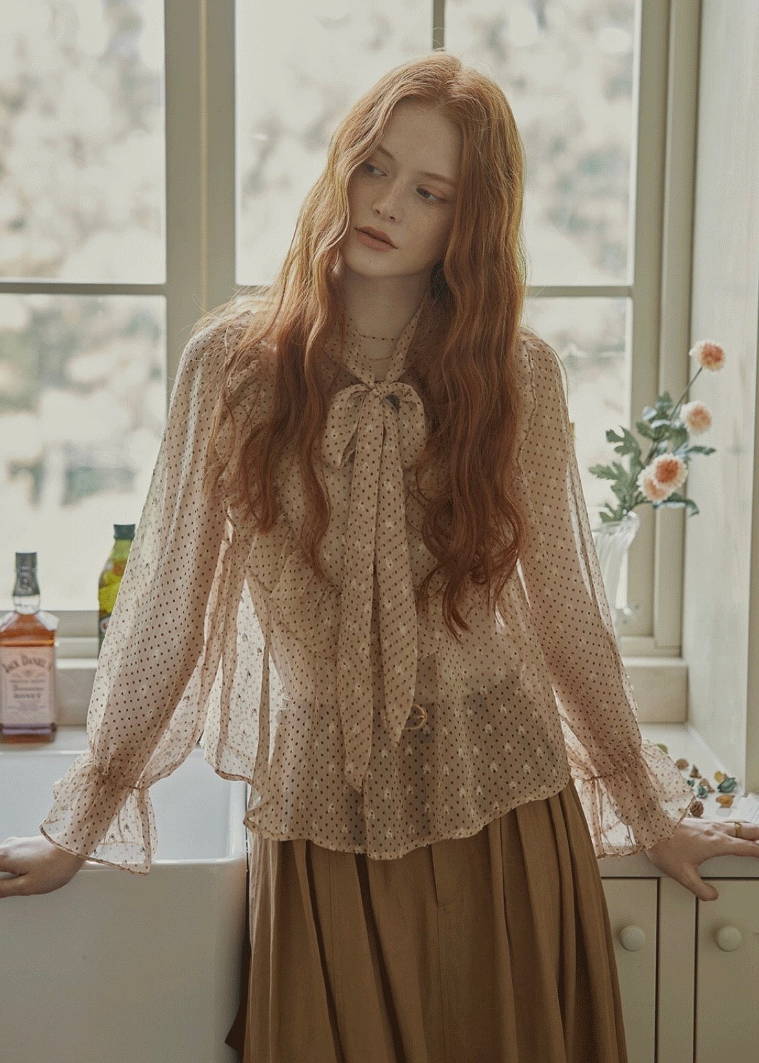 Vintage Polka Dot Ribbon Tie Chiffon Blouse