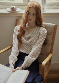 Vintage Draped Cowl Neck Striped Blouse