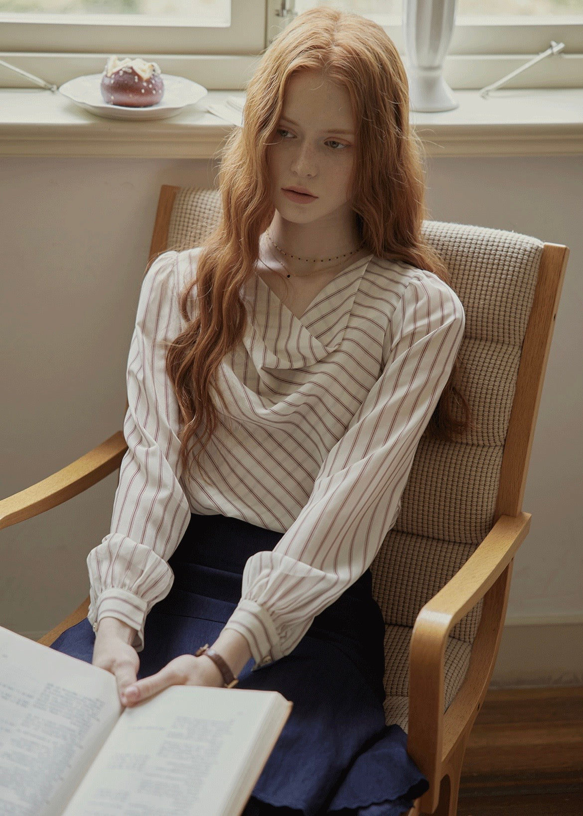 Vintage Draped Cowl Neck Striped Blouse