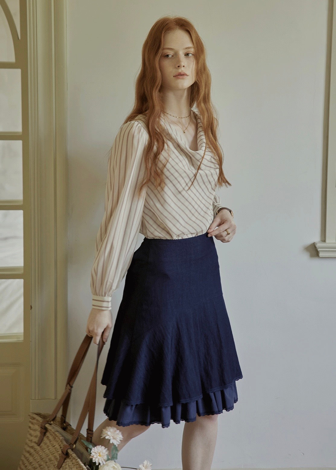 Vintage Draped Cowl Neck Striped Blouse