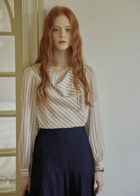 Vintage Draped Cowl Neck Striped Blouse