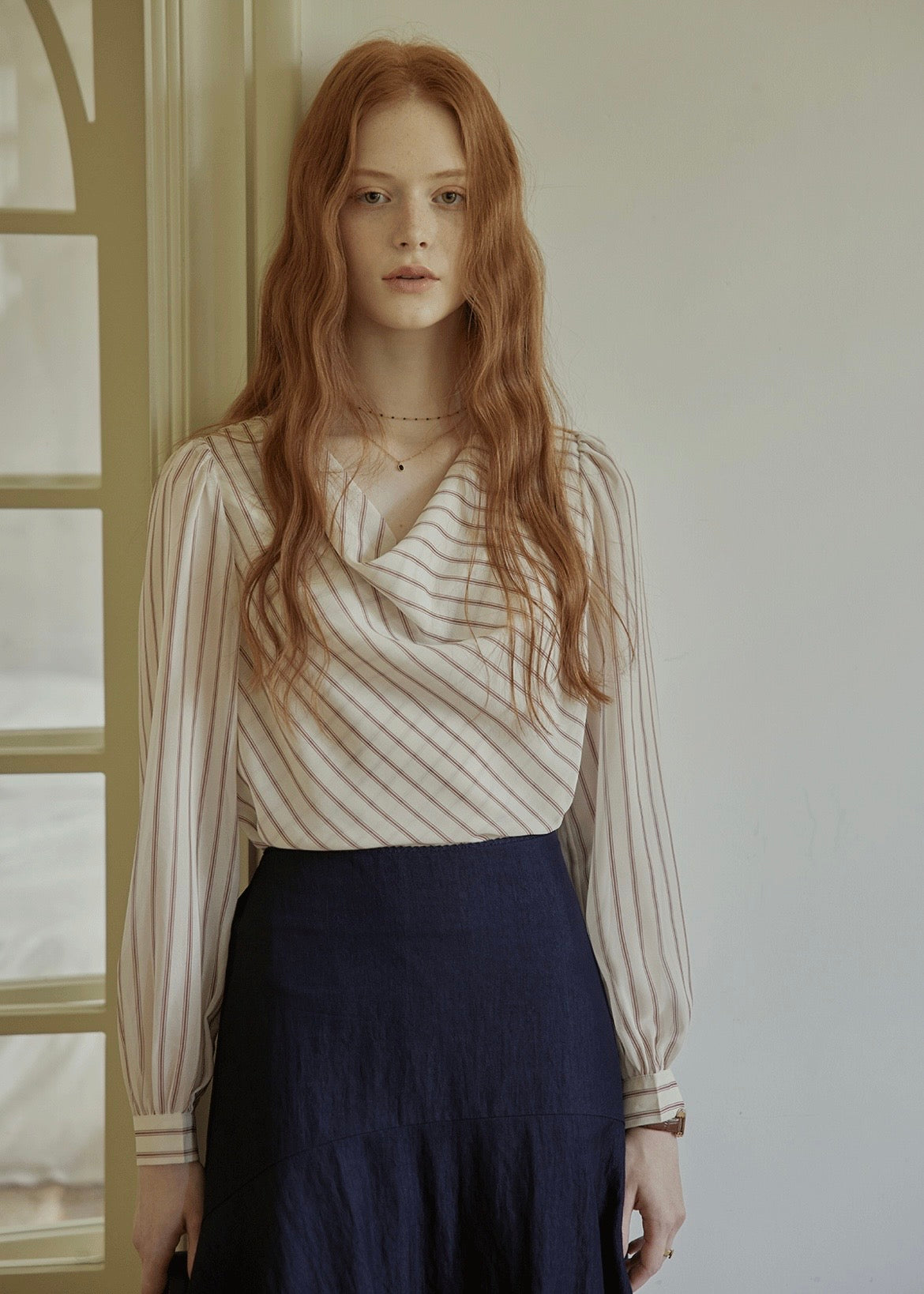 Vintage Draped Cowl Neck Striped Blouse