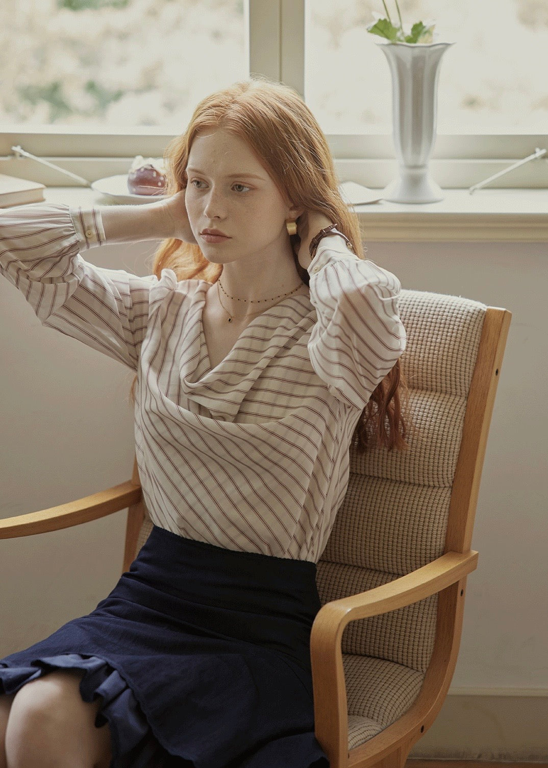 Vintage Draped Cowl Neck Striped Blouse