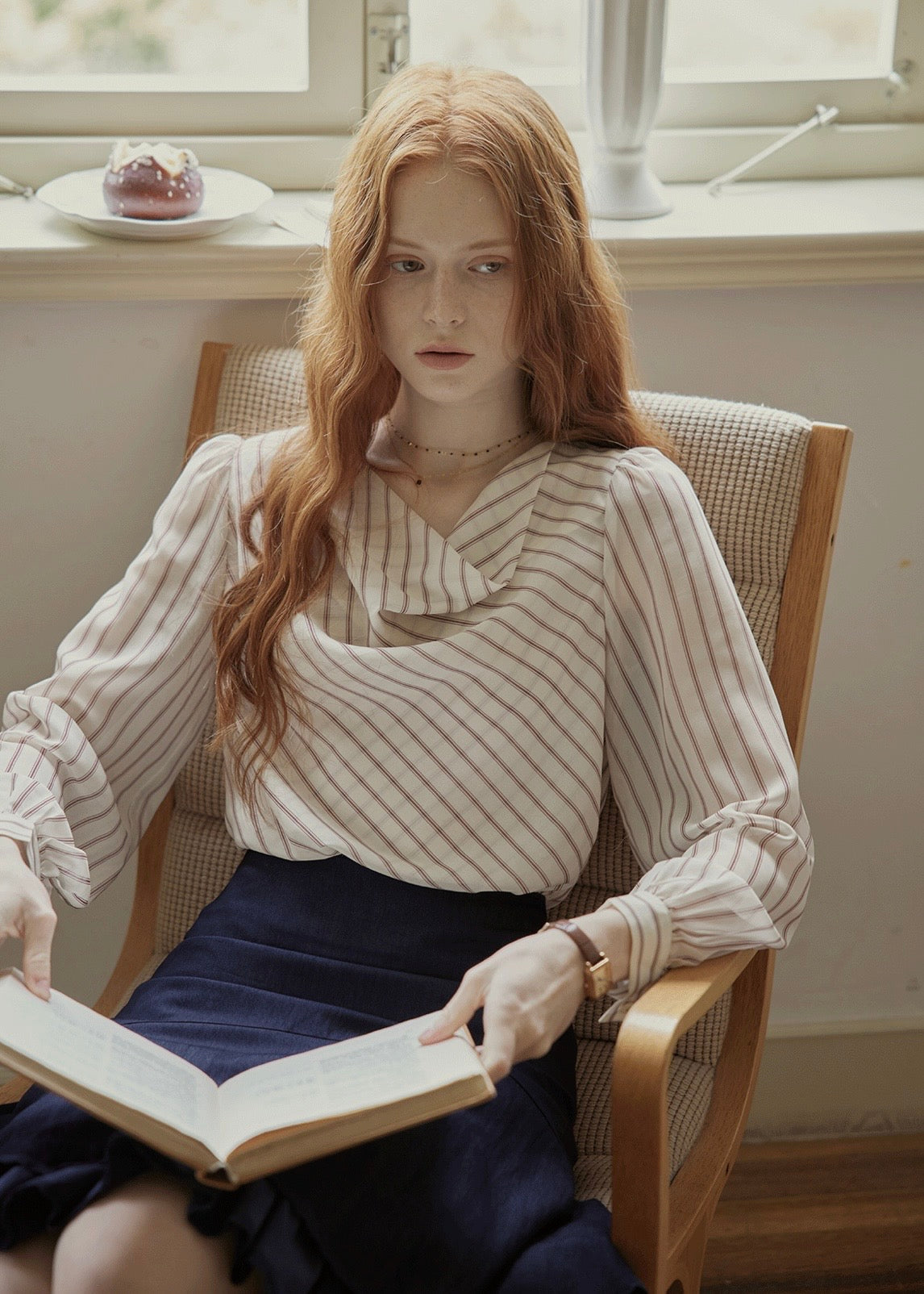 Vintage Draped Cowl Neck Striped Blouse