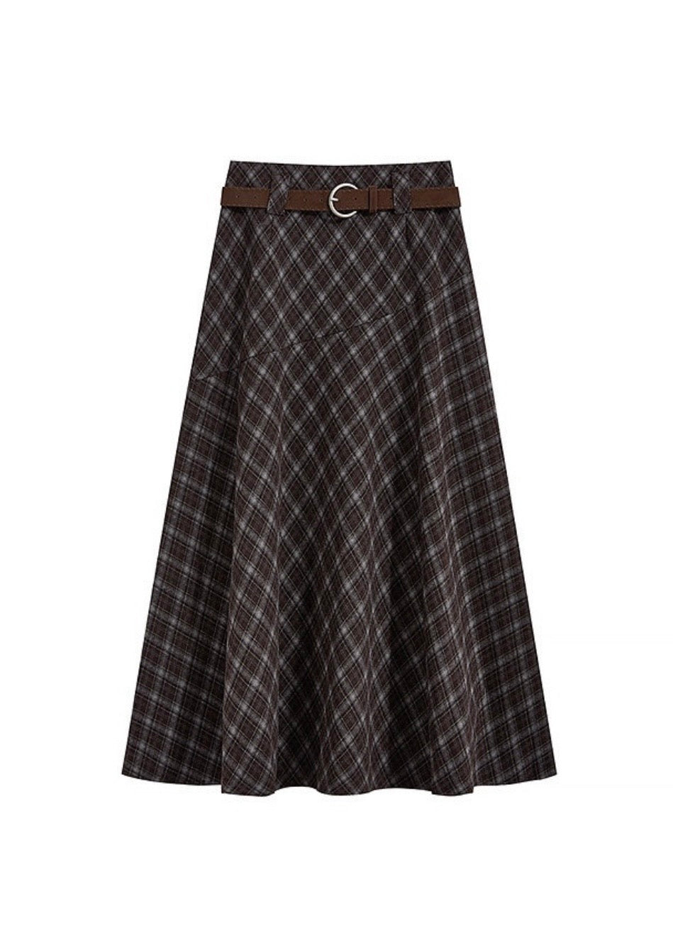 Vintage Brown Plaid Midi Flare Skirt with Belt