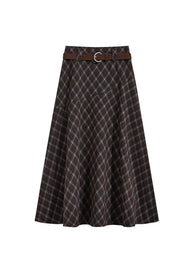 Vintage Brown Plaid Midi Flare Skirt with Belt