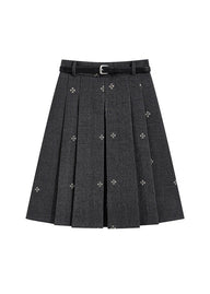 Vintage Floral Embroidered Pleated Mini Skirt with Belt
