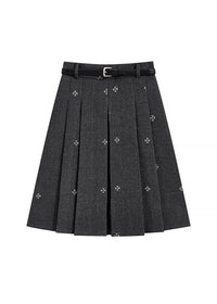 Vintage Floral Embroidered Pleated Mini Skirt with Belt