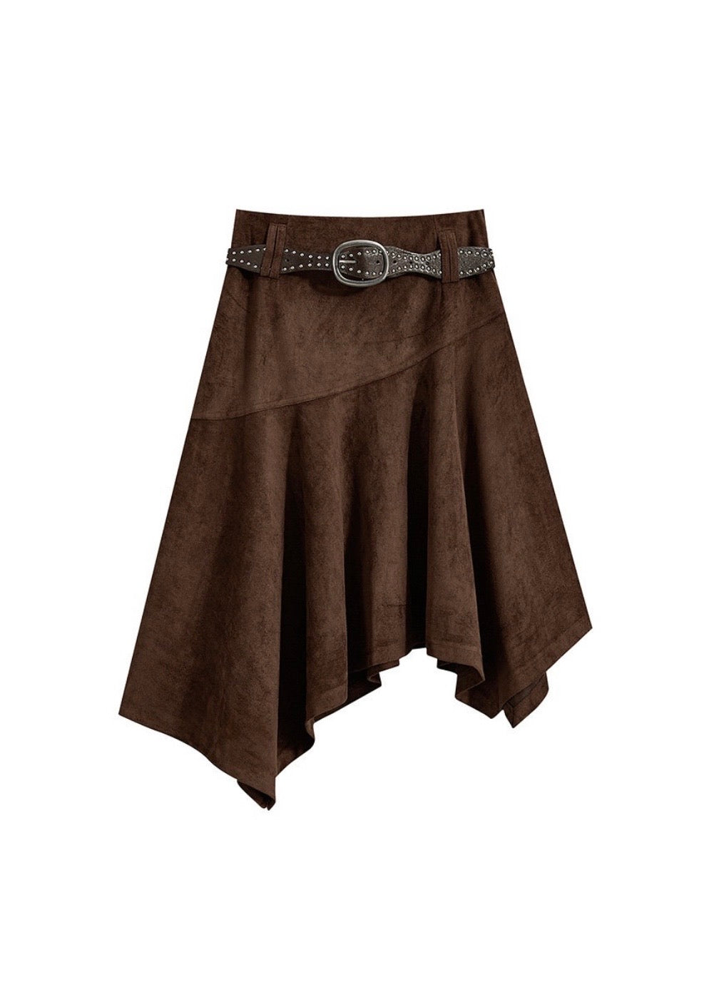 Vintage Faux Suede Asymmetrical Midi Skirt with Belt(2COLOR)