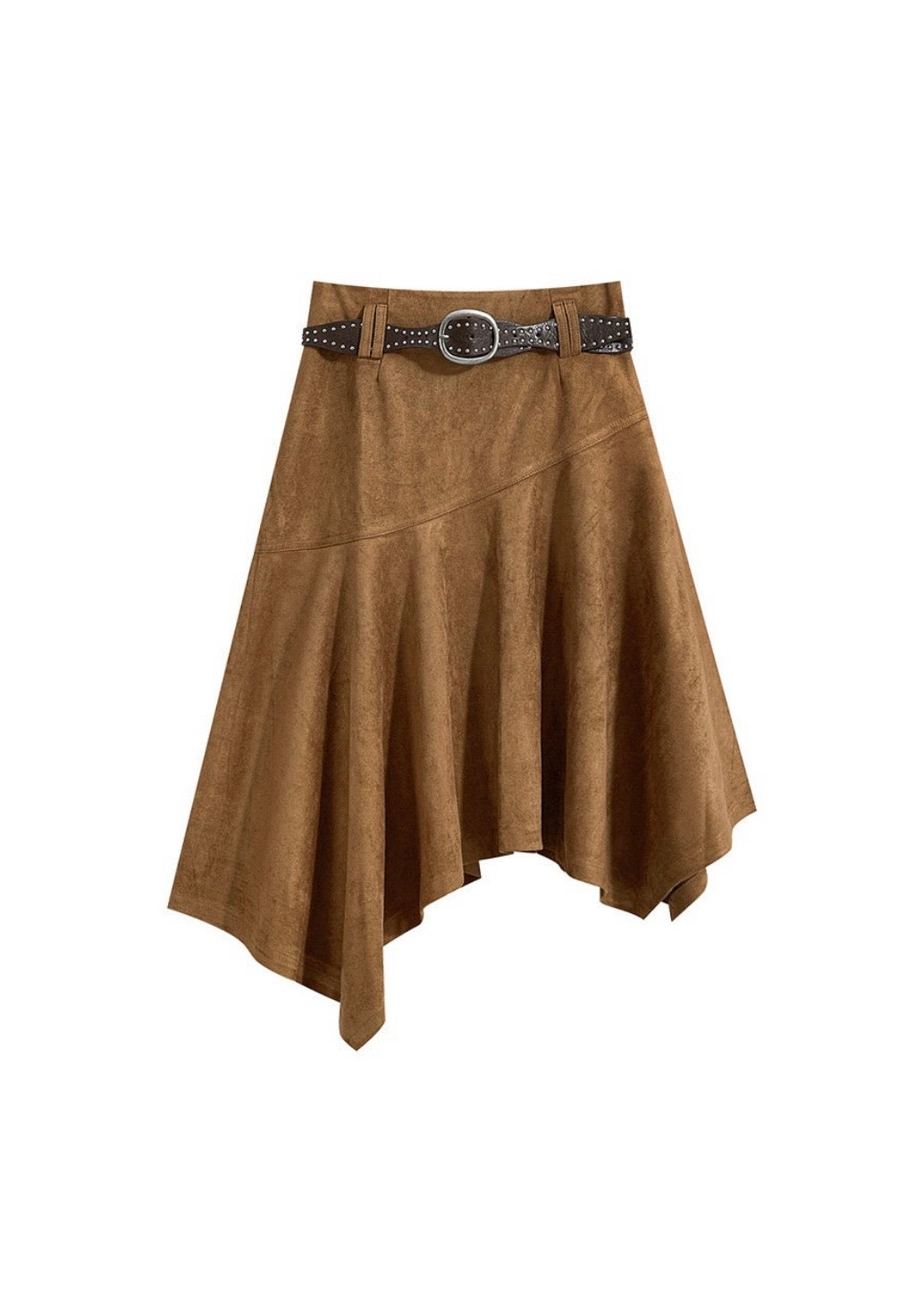 Vintage Faux Suede Asymmetrical Midi Skirt with Belt(2COLOR)