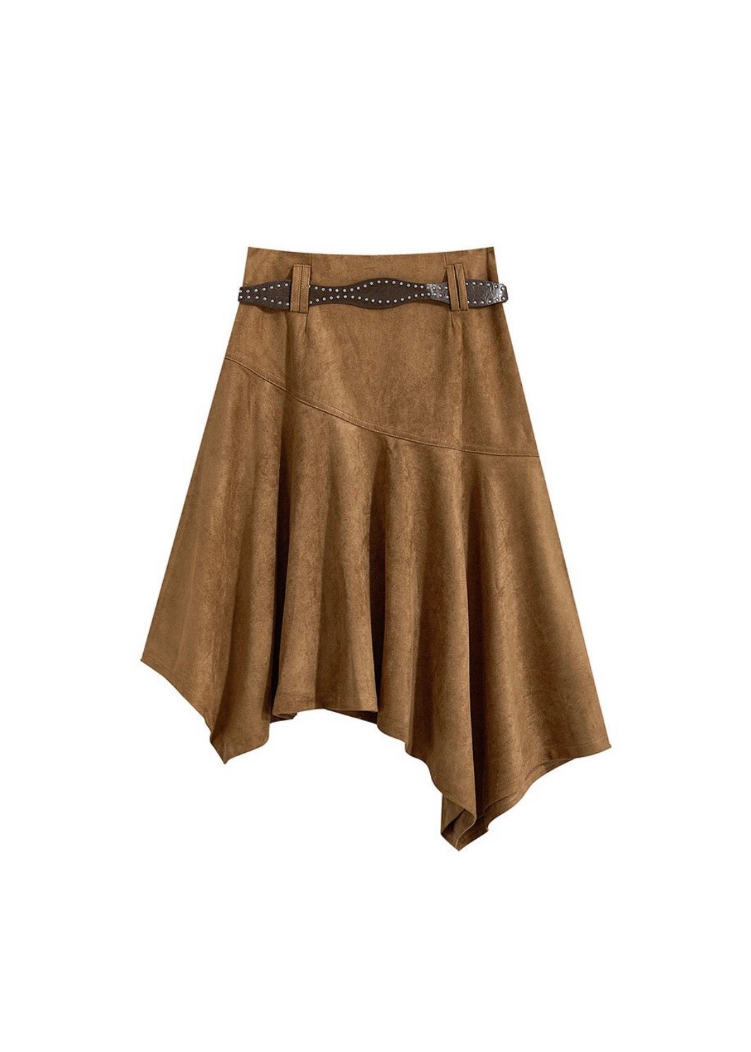 Vintage Faux Suede Asymmetrical Midi Skirt with Belt(2COLOR)
