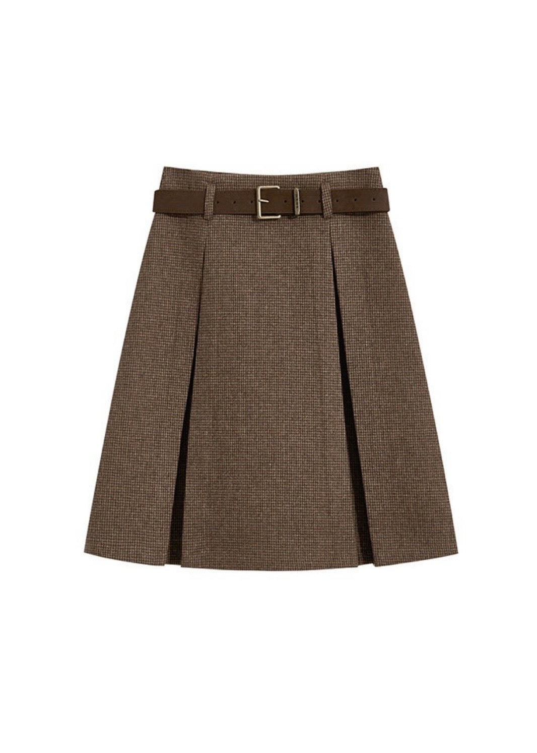 Vintage Houndstooth Pleated A-Line Midi Skirt with Belt