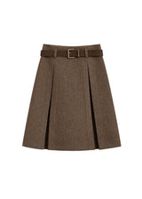 Vintage Houndstooth Pleated A-Line Midi Skirt with Belt