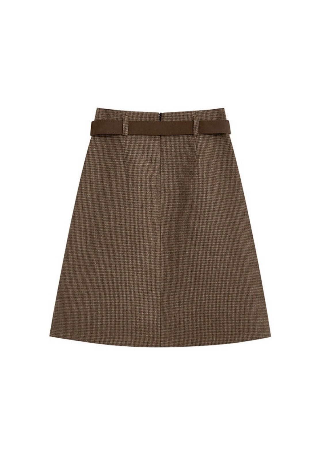 Vintage Houndstooth Pleated A-Line Midi Skirt with Belt