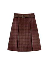 Vintage Plaid Pleated A-Line Midi Red Skirt with Belt