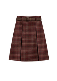 Vintage Plaid Pleated A-Line Midi Red Skirt with Belt