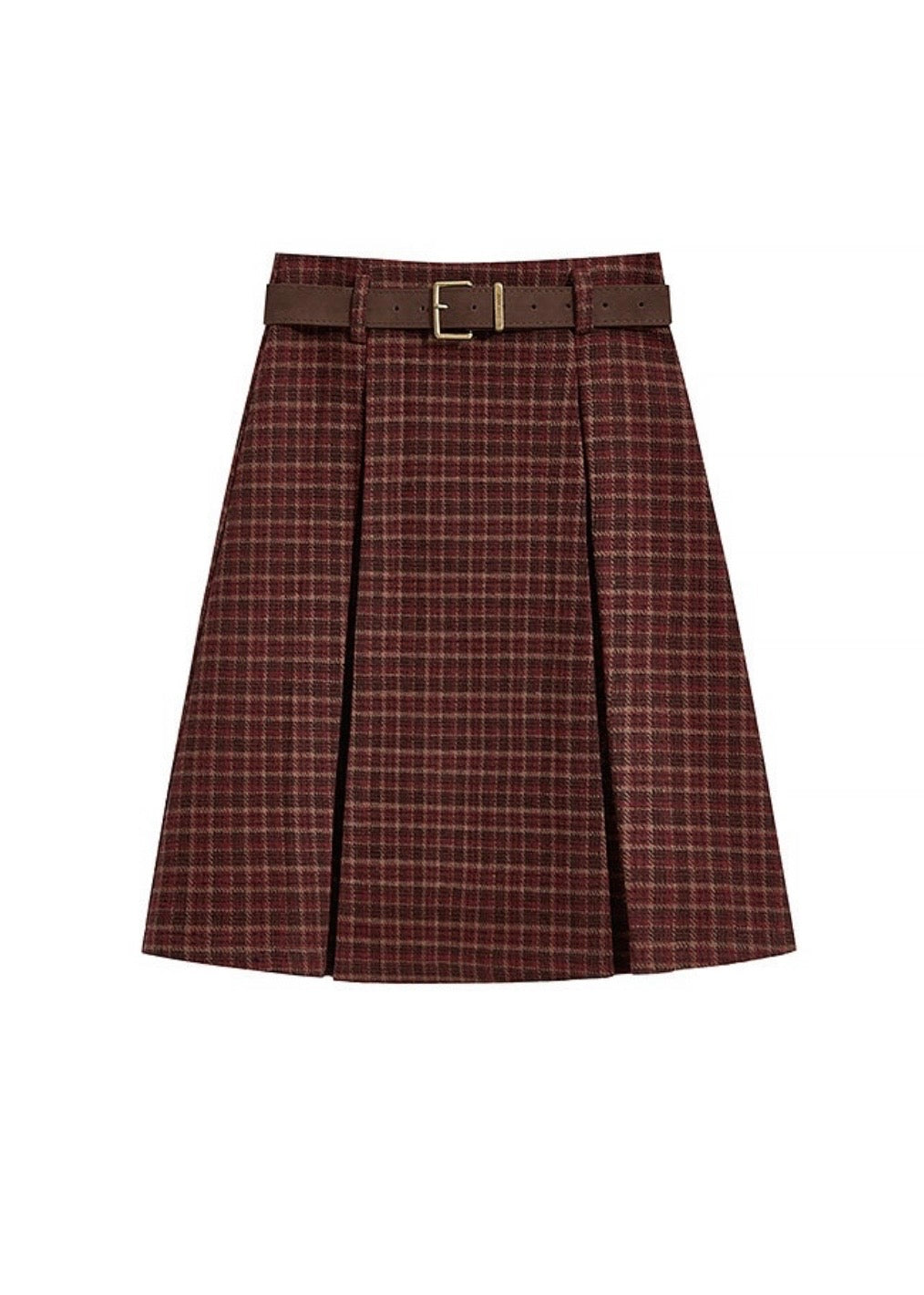 Vintage Plaid Pleated A-Line Midi Red Skirt with Belt