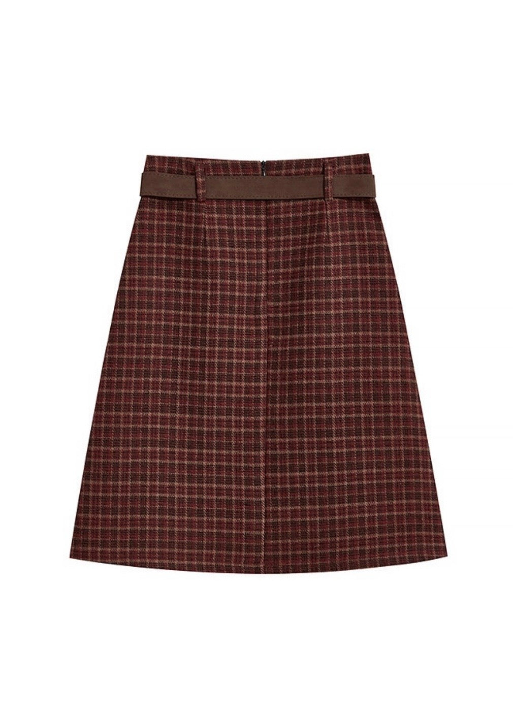 Vintage Plaid Pleated A-Line Midi Red Skirt with Belt