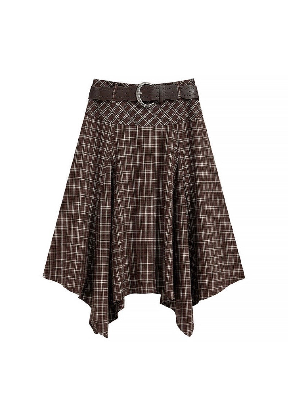 Vintage Plaid Asymmetrical Handkerchief Midi Skirt with Belt