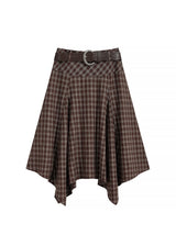 Vintage Plaid Asymmetrical Handkerchief Midi Skirt with Belt