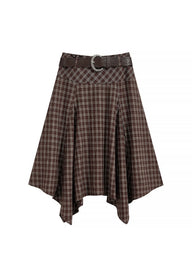 Vintage Plaid Asymmetrical Handkerchief Midi Skirt with Belt
