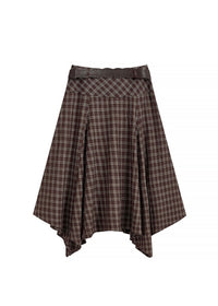 Vintage Plaid Asymmetrical Handkerchief Midi Skirt with Belt