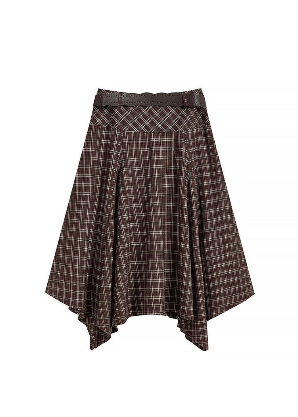 Vintage Plaid Asymmetrical Handkerchief Midi Skirt with Belt