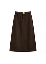Vintage Brown Belted A-Line Cotton Midi Skirt