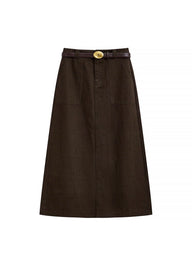 Vintage Brown Belted A-Line Cotton Midi Skirt