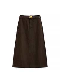 Vintage Brown Belted A-Line Cotton Midi Skirt