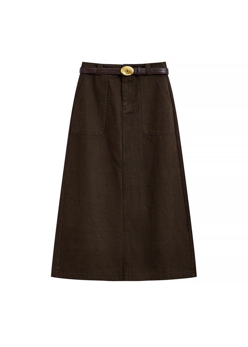 Vintage Brown Belted A-Line Cotton Midi Skirt