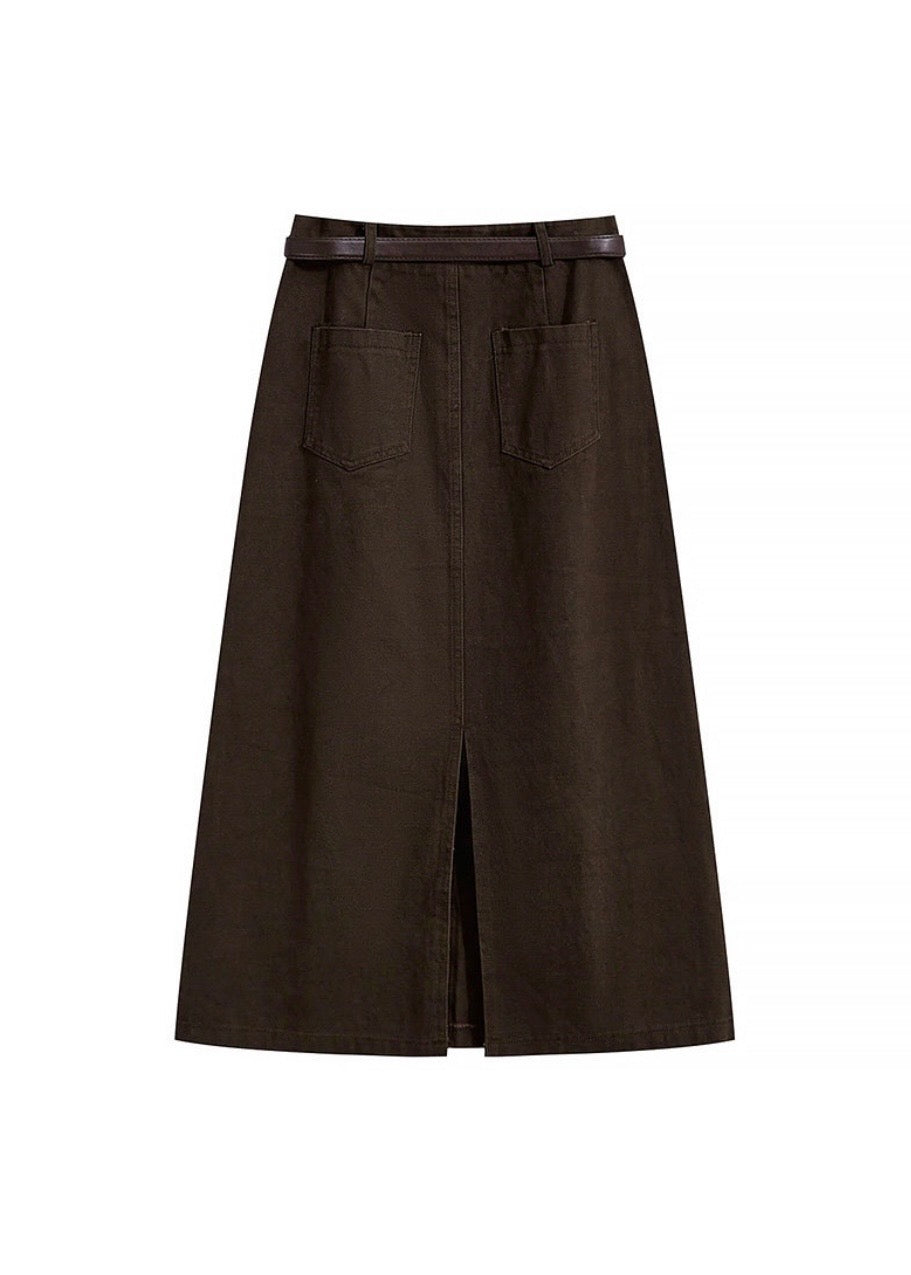 Vintage Brown Belted A-Line Cotton Midi Skirt