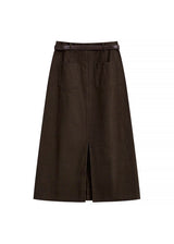 Vintage Brown Belted A-Line Cotton Midi Skirt
