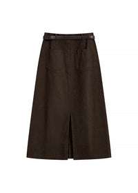 Vintage Brown Belted A-Line Cotton Midi Skirt